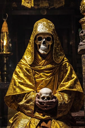 Real photo,mummy, Buddhist monk's robe, skull head, wearing gold brocade robe,hooded monk robe, sacred atmosphere,monks who practise austerity to the point of death and mummification