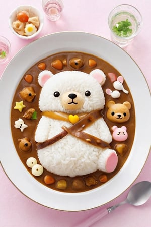 (From Above), Japanese Curry Rice, cozy scene unfolds within the curry rice as the adorable bear, Rilakkuma, peacefully slumbers. This creative dish features a carefully crafted,
charming character,
(Masterpiece, Best Quality, 8k:1.2), (Ultra-Detailed, Highres, Extremely Detailed, Absurdres, Incredibly Absurdres, Huge Filesize:1.1), (Photorealistic:1.3), By Dr.Maehara, Portrait, Ultra-Realistic Illustration, Digital Painting. ,fat,kawaiitech,