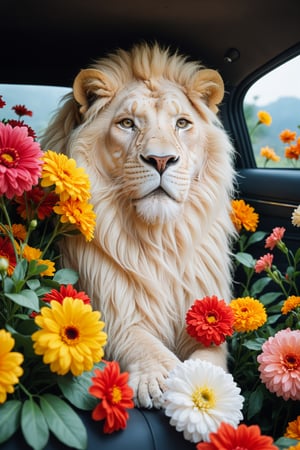 Beautiful pictures, gerbera flowers, freesia flowers, hibiscus flowers and a car filled with flowers,
Brake
Beautiful Albino lion standing in car, Lion,interior