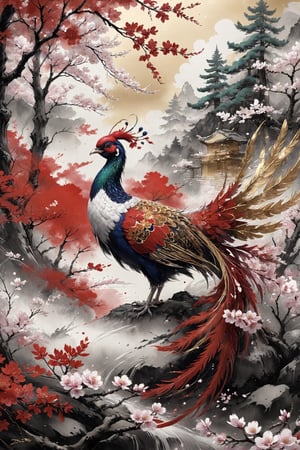 POP culture art based on red and white, Japanese style, gold leaf art materials, beautiful long tale pheasant and pine trees, figurative cherry blossoms,Color Splash,ink,depth of field,ptical osmosis