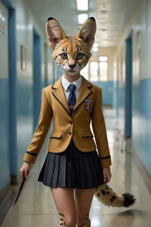 realistic pictures,1girl, anthropomorphic serval cat, whiskers and a sleek tail. Her sandy brown hair is spotted like a serval's coat, Dressed in a Japanese school uniform with a pleated skirt and blazer, her curious and playful eyes reflect her feline nature, She stands in a school corridor, embodying both agility and grace.i,anthro,perfect likeness of TaisaSDXL,amazing quality