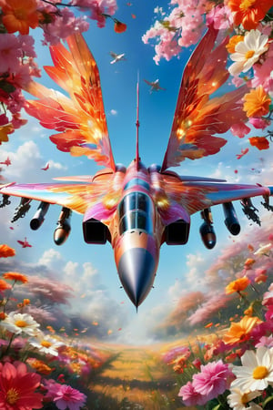 Fighter with flaming angel wings,sleek jet fighter, enveloped by a field of beautiful flowers, stands as a striking juxtaposition of power and elegance. Amidst the vibrant petals, the metallic fuselage of the aircraft gleams, contrasting sharply with the natural surroundings. The flowers, delicate and colorful, seem to embrace the fighter, softening its imposing presence with their beauty,Mitsubishi T2,glitter,wings