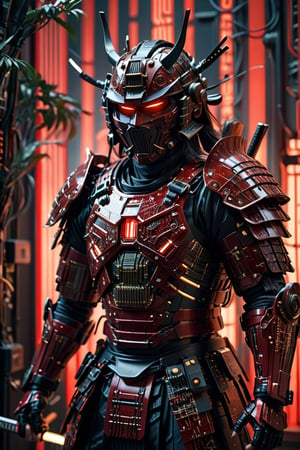 The samurai clad in armor made of numerous electronic circuit boards wields a katana with a blade that emits a faint electric glow. The armor itself has intricate circuit patterns running across its surface, pulsating with energy. Despite the modern materials, the samurai retains the traditional air of honor and discipline.,circuitboard,samurai,Red mecha