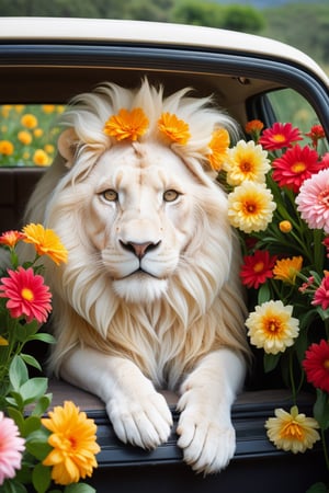 Beautiful pictures, gerbera flowers, freesia flowers, hibiscus flowers and a car filled with flowers,
Brake
Beautiful Albino lion standing in car,large Lion,interior