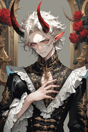 (Male), Albino devil prince male,(long intricate horns:1.2), dressed in a fashion style that is a seductive blend of baroque and punk, roses on his chest, his attire is reminiscent of baroque royalty, with ornate baroque garments with intricate lace, frills and decorations Her clothes are characterized by opulent baroque garments with intricate lace, frills, and decorations reminiscent of baroque royalty. However, the traditional elements are juxtaposed with edgy punk accents such as leather straps, spikes, and chains, adding a rebellious and modern twist to his ensembles, reinforcing a luxurious yet rebellious aesthetic,,emo,masterpiece,extremely detailed