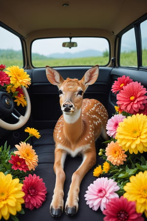 Beautiful pictures, gerbera flowers, freesia flowers, hibiscus flowers and a car filled with flowers,
Brake
Beautiful cute fawn Sitting in car,deer fawn,interior