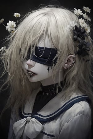 Albino girl in a disheveled gothic sailor suit, rebellious, pale complexion, (flowers jutting from her eye sockets),lip piercing,
Seductive yet distracting presence, carefree hair falling over her shoulders, framing her face with a morbid air,,dal,flower blindfold,Beautiful girl ,Flower Blindfold