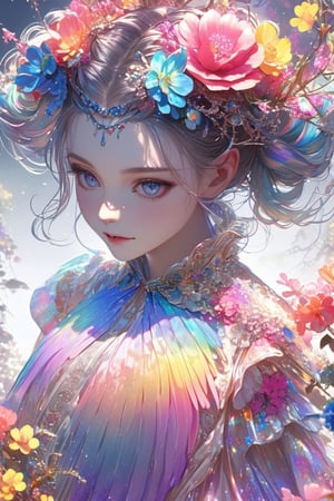 Ultra realistic,1 girl,beautiful blue eyes,superbly crafted braided hairstyles,amazingly intricate braid hair,7 colorful hair colors,each meticulously created braid decorated with delicate accessories and beads,aesthetic,Rainbow haired girl ,Realistic Blue Eyes,Flower queen,dal-1