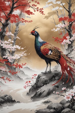 art based on red and white,Traditional Japanese art style,((gold leaf art materials)), beautiful long tale pheasant and pine trees, figurative cherry blossoms,Color Splash,ink,depth of field,ptical osmosis