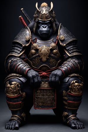 An intellectual gorilla clad in samurai armor and helmet,samurai armor, black samurai, black samurai helmet, symbol on helmet, Its powerful form encased in ornate armor, adorned with intricate patterns and symbols. The gorilla's eyes, filled with wisdom and determination, peer out from beneath the helmet's visor. Its massive hands grip a katana with a practiced ease, ready for battle or deep contemplation. This unique fusion of animal and warrior exudes strength, intelligence, and a sense of ancient honor.,samurai