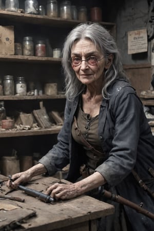 In a post-apocalyptic world, a tool shop in a dilapidated town,(solo),((ugly old medieval witch)),glasses,shaggy grey hair,messy hair,disarrayed hair,((thin hair:1.8)),((warty face:1.2)),((Nasty smiling)),hook nose,creepy look,skin disease,S
burn face,
Brake
 managed by a grizzled old woman armed with a rifle,
An elderly woman with gray hair, armed with a rifle, runs the place,
Inside the store, potions, guns, ammunition, and various items are crammed onto shelves and hanging from the walls, and the dimly lit interior is dusty, creating an eerie atmosphere. An old woman in tattered clothes sits behind a cluttered counter, her weathered hands resting on her rifle,Her piercing gaze scans the incoming customers, trying to protect what little inventory she has.,stalker,falloutcinematic,DonMH41rXL