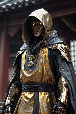 Real photo, cyborg man, monk's robe, mech, gold brocade robe, hooded monk's robe, sacred atmosphere,exosuit,zavy-cbrpnk