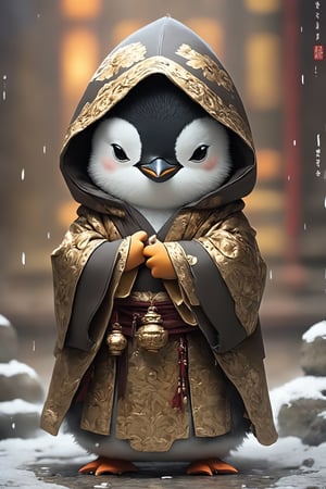 (Cute penguin),chibi, Buddhist monk's robe,penguin head monk, wearing gold brocade robe,((hooded monk robe)), ,sacred atmosphere,Penguin ,Bird 