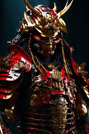 ultra Realistic cyborg samurai,Wearing red andrcca golden Samurai Armor,high futuristic cyberpunk style, vibrant colour smoke,incredibly detailed, dark, key visuals, atmospheric, highly realistic,ultra Quality ray tracing,samurai,zavy-cbrpnk