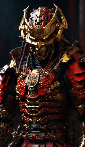 ultra Realistic cyborg samurai,Wearing red andrcca golden Samurai Armor,high futuristic cyberpunk style, vibrant colour smoke,incredibly detailed, dark, key visuals, atmospheric, highly realistic,ultra Quality ray tracing,samurai,zavy-cbrpnk