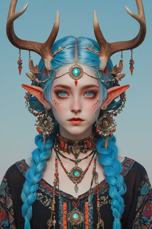 ultra Realistict, demon girl, (Long deer horn: 1.2) ,A shaman with deer antlers,(many ornaments hanging from the horn),crazy alternate hairstyle, amazingly intricately hair,colorful color hair, each braid painstakingly created,decorated with delicate accessories and beads,aesthetic,Beautiful Blue eyes, ,Rainbow haired girl ,dal-1, art nouveau,emo