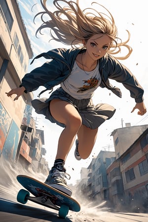 1Girl,(low angle shot:1.5),
The illustration depicts a spirited girl with a confident stance, her hair flowing behind her as she effortlessly maneuvers her skateboard. With determination in her eyes and a hint of a smile on her lips, she tackles the urban landscape with skill and grace. The low-angle perspective adds a sense of drama and dynamism to the scene,newhorrorfantasy_style,action shot