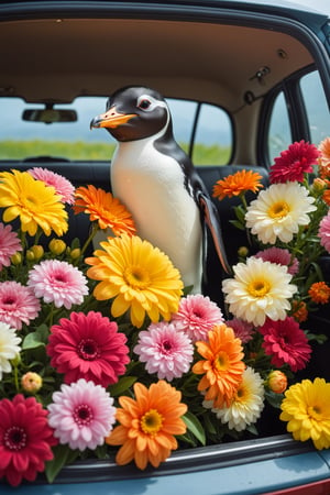 Beautiful pictures, gerbera flowers, freesia flowers, hibiscus flowers and a car filled with flowers,
Brake
Cute penguin Sitting in car,penguin,interior