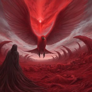 Skies redder than blood, meadows redder than blood, red clouds,
A world of illusions dyed crimson,Creepy red giant bird soaring in the sky,Piles and piles of dead bodies