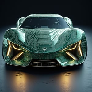 A sports car made entirely of circuit boards, exudes futuristic allure. Its body is adorned with sparkling LED lights, illuminating the road ahead with vibrant brilliance as it speeds into the future. Intricate circuitry weaves through the car's contours, shaping complex curves and aerodynamics for optimal performance. Equipped with state-of-the-art electronic control systems, it ensures high-speed stability and precision handling,circuitboard,DonMC1rcu17Pl4nXL,c_car
