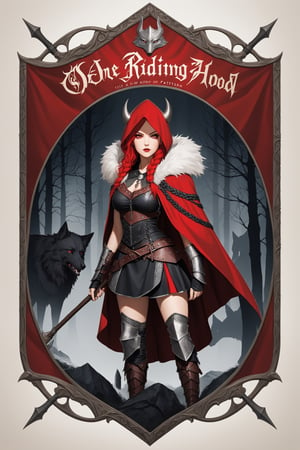 (Celtic pattern framing:1.2),album jacket,
1girl, Red Riding Hood, transformed into the frontwoman of a Viking metal band, adorned in leather, fur, and war paint, Her flowing red cape and braided hair add to her fierce appearance, while a wolf pendant symbolizes her connection to the wild. Armed with a battle axe, she leads her band into battle against darkness,This Viking metal-inspired Red Riding Hood embodies,18thcentury,dragon armor