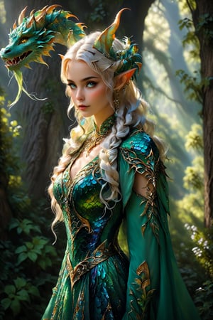 alabaster skin, mystical being, born of the union between a dragon and an elf girl,elf ears,Dragon horn,Dragon inspired dress,extraordinary creature exhibits both draconic and elven features, blending the elegance of the elves with the majestic presence of dragons, Its scales might shimmer with ethereal colors, and its pointed ears,,DonM3lv3sXL,Disney pixar style,ct-niji2
