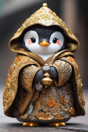 Cute penguin, Buddhist monk's robe,penguin head monk, wearing gold brocade robe,((hooded monk robe)), ,sacred atmosphere,Penguin ,Bird 