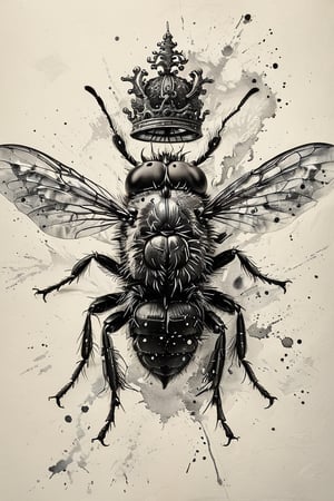India ink paint art,Beelzebul,A huge and terrifying fly, a giant fly drawn on the screen with a brush and ink, a realistic fly model,((a fly wearing a crown)),chinese ink drawing,ink