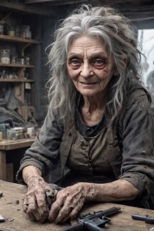 In a post-apocalyptic world, a tool shop in a dilapidated town,(solo),((ugly old medieval witch)),sunglasses,shaggy grey hair,messy hair,disarrayed hair,((thin hair:1.5)),((warty face:1.2)),((Nasty smiling)),hook nose,creepy look,skin disease,Strabismus eyes,cloudy eyes,burn face
Brake
 managed by a grizzled old woman armed with a rifle,
An elderly woman with gray hair, armed with a rifle, runs the place,
Inside the store, potions, guns, ammunition, and various items are crammed onto shelves and hanging from the walls, and the dimly lit interior is dusty, creating an eerie atmosphere. An old woman in tattered clothes sits behind a cluttered counter, her weathered hands resting on her rifle,Her piercing gaze scans the incoming customers, trying to protect what little inventory she has.,stalker,falloutcinematic,DonMH41rXL