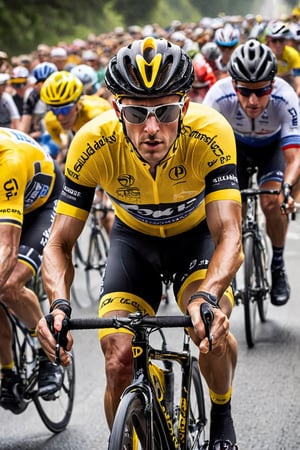 Tour de France,Sports Illustrated cover photo,  Yellow Jersey,
Bicycle racer, racing bicycle, front view, male road racer, bicycle helmet, sunglasses, in the style of intense athletic competitions, ,ink,abmhandsomeguy,action shot