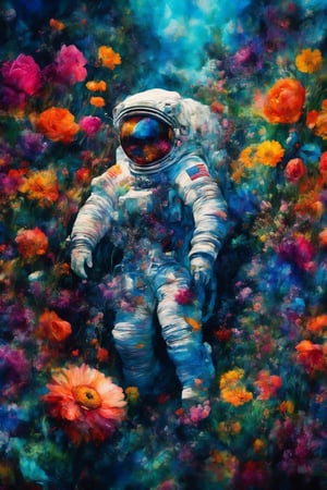 ultra realistic,Ultra maximalism art, a beautiful flower garden with bright flowers blooming as far as the eye can see, an astronaut surrounded by flowers,
A strange alien sight, a black monument covered in flower vines,
Astronaut flowers, astronaut_flowers,watercolor \(medium\),cyber