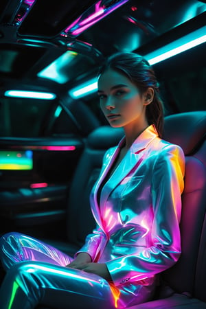 1girl,beautiful Model girl, wearing Luminescent Clothing,
Beautiful women's business suits that emit seven colors,
Luxurious car interior,Back seat of the car,Woman relaxing in the luxurious atmosphere of the car,LuminescentCL,interior,aesthetic