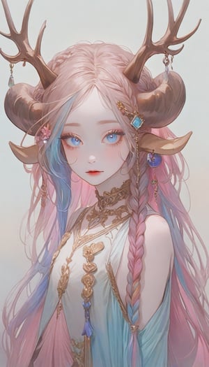 ultra Realistict,very aesthetic, absurdres,1girl,
 demon girl, (Long deer horn: 1.2) ,A shaman with deer antlers,(many ornaments hanging from the horn),crazy alternate hairstyle, amazingly intricately hair,colorful color hair, each braid painstakingly created,decorated with delicate accessories and beads,aesthetic,Beautiful Blue eyes, ,Rainbow haired girl ,dal-1, art nouveau,emo,Realistic Blue Eyes,dramaticwatercolor