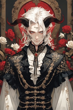 (Male),middle age Albino devil prince male,(long intricate horns:1.2), dressed in a fashion style that is a seductive blend of baroque and punk, roses on his chest, his attire is reminiscent of baroque royalty, with ornate baroque garments with intricate lace, frills and decorations Her clothes are characterized by opulent baroque garments with intricate lace, frills, and decorations reminiscent of baroque royalty. However, the traditional elements are juxtaposed with edgy punk accents such as leather straps, spikes, and chains, adding a rebellious and modern twist to his ensembles, reinforcing a luxurious yet rebellious aesthetic,,emo,masterpiece,extremely detailed