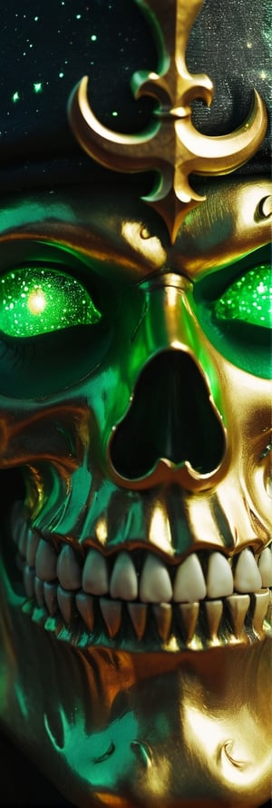 closeup photo, extremely detail of a pirate captain hook with fiery moustache, iridescent green starry eyes, glass half-face pirate skull mask, ultradetailed, ultrarealistic, epic glorious,Movie Still,Leonardo style 