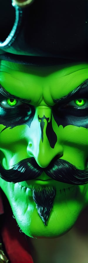closeup photo, extremely detail of a pirate captain hook with fiery moustache, iridescent green starry eyes, bioluminscent half-face pirate skull mask, ultradetailed, ultrarealistic, epic glorious,Movie Still,Leonardo style 