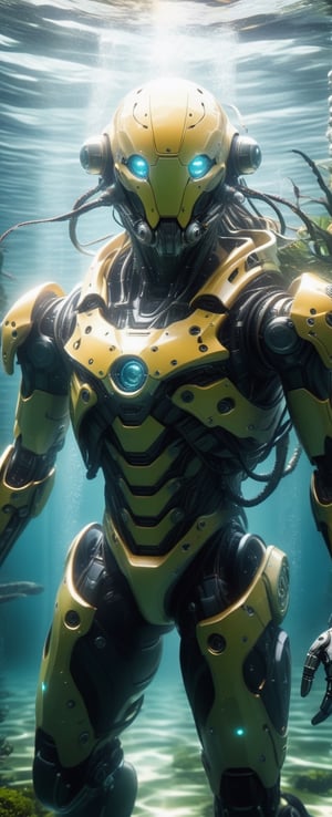 ((Masterpiece, best quality, ultra details, 8k, HDR)), Lenkaizm,(absurdity), Envision a realistic picture of a biomechanical entity in the sea, this entity is a fusion of technology and nature, with a helmet that resembles a diving suit, its surface covered in verdant moss, aiming a weapon to viewer, twisting vines around, bright exotic flowers, luminescent glow, this photo should have a whimsical and fantastical feel, with vibrant colors and a top quality detail,ROBOT,exosuit,tactical gear, underwater