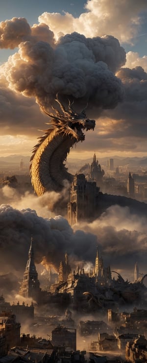 (RAW photo, HDR:1.2), (Hyper-realistic:1.4), (super detailed:1.4), (high quality, 8k), Lenkaizm, legendary dragon wreck havoc over a city, supreme size, spiral horn, scary, gigantuous, lightning body, sharp claw, smoke breather, cinematic, cloud landscape, aerial close up shot