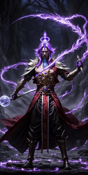Generate an image of mysterious wuxia cultivator wizard, The globule of violet mist rotated rapidly around his body, emitting countless strands of Violet Qi throughout wizard's body. A brutally powerful aura appeared within his physical body and grew more powerful, his Spiritual Sense expanded, and most obviously, the Blood Clone and the Blood Death World he was within slowly began to grow stronger, masterpiece, fantasy, intricate details, very high quality, 16k, high_resolution, sharp focus, vivid color, magic, qi, cakra