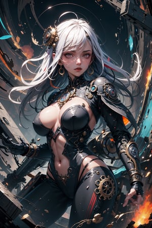 8k, (absurdres, highres, ultra detailed), (1lady), Big boobs:1.2, curvy, sexy, close-up, kawaii, Brilliant light, cinematic lighting, long wavy white hair, nijilorawolf, detailed fingers, Compose an image of 'Tech-Artist,' the 'TensorArt' mascot, in a striking steampunk aesthetic. Show Tech-Artist, a futuristic humanoid artist, with a slim, stylized figure wearing a steampunk-inspired suit. Gears and cogwheel motifs adorn the metallic body. The LED lights embedded in the suit emit a warm golden glow. Tech-Artist's hair is a cascade of fiery orange lights, enhancing its creative energy. Its hands are a fusion of human and mechanical, morphing into various artistic tools like brushes and chisels. The eyes are two digital screens displaying a blend of determination and inspiration. Tech-Artist wields a floating steampunk-themed graphics tablet, surrounded by swirling gears and rivets. The background showcases a mix of intricate clockwork patterns, vintage industrial machinery, and subtle bursts of vibrant colors. Let this image manifest the harmonious union of artistry, technology.,psychedelic,High detailed 