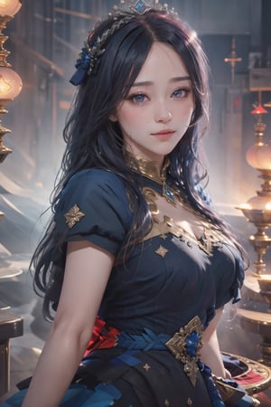 8k, (absurdres, highres, ultra detailed), (1lady:1.3), real,princess, crown, atmospheric scene, masterpiece, best quality, (detailed face, detail skin texture, ultra-detailed body), (cinematic light:1.1), long hair, lips, red eyes, looking at viewer, black hair, upper body, smile, long black dress, aqua blue hair, Big boobs1:3, curvy, sexy, large_breast,glitter