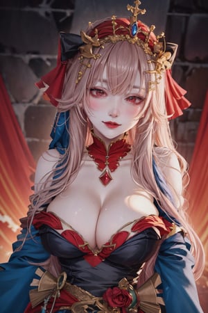 8k, (absurdres, highres, ultra detailed), (1lady:1.3), real,princess, crown, atmospheric scene, masterpiece, best quality, (detailed face, detail skin texture, ultra-detailed body), (cinematic light:1.1), long hair, red lips, red eyes, looking at viewer, grey hair, upper body, smile, long black dress, aqua blue hair, Big boobs1:3, curvy, sexy, large_breast,glitter,shiny,fashion_girl, 