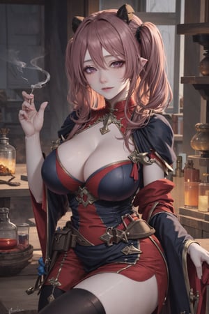 8k, (absurdres, highres, ultra detailed), (1lady:1.3), Pigtails, meatball head, Extremely detailed really cute young ginger woman potion mistress, magic, lots of colorful potions, glowy smoke, tetradic colors, bubly, detailed alchemist room, jrpg, cartoonish vector, volumetric lights, very detailed potions and alchemy laboratory scenery, colorful, dynamic, visually rich, whimsical, fairy tale,fashion_girl, purple hair, Big boobs1:3, curvy, sexy, large_breast,oil painting,classic painting