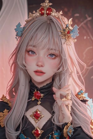 8k, (absurdres, highres, ultra detailed), (1lady:1.3), real,princess, crown, atmospheric scene, masterpiece, best quality, (detailed face, detail skin texture, ultra-detailed body), (cinematic light:1.1), long hair, red lips, red eyes, looking at viewer, grey hair, upper body, smile, long black dress, aqua blue hair, Big boobs1:3, curvy, sexy, large_breast,glitter,shiny,fashion_girl
