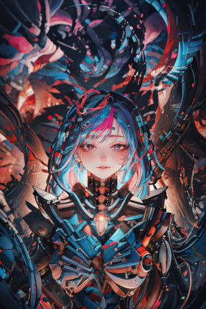 8k, (absurdres, highres, ultra detailed), (1lady:1.3), ultra resolution image, (1girl), Upper body portrait of a stunning and captivating character with (pink|blue hair:1.5), meticulously detailed in a mesmerizing and colorful (fractal art:1.3) style, featuring the highest level of detail and showcasing intricate (Mechanical modification:1.5).