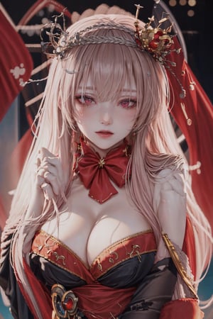 8k, (absurdres, highres, ultra detailed), (1lady:1.3), real,princess, crown, atmospheric scene, masterpiece, best quality, (detailed face, detail skin texture, ultra-detailed body), (cinematic light:1.1), long hair, red lips, red eyes, looking at viewer, grey hair, upper body, smile, long black dress, aqua blue hair, Big boobs1:3, curvy, sexy, large_breast,glitter,shiny,fashion_girl, canines, high color,