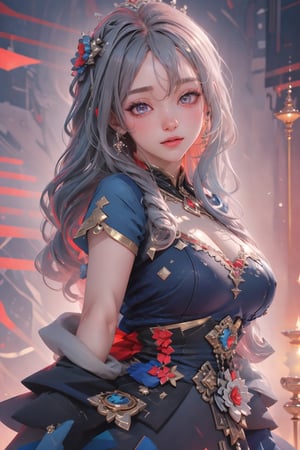 8k, (absurdres, highres, ultra detailed), (1lady:1.3), real,princess, crown, atmospheric scene, masterpiece, best quality, (detailed face, detail skin texture, ultra-detailed body), (cinematic light:1.1), long hair, red lips, red eyes, looking at viewer, grey hair, upper body, smile, long black dress, aqua blue hair, Big boobs1:3, curvy, sexy, large_breast,glitter,shiny