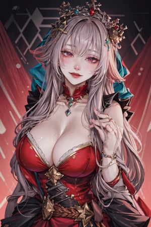 8k, (absurdres, highres, ultra detailed), (1lady:1.3), real,princess, crown, atmospheric scene, masterpiece, best quality, (detailed face, detail skin texture, ultra-detailed body), (cinematic light:1.1), long hair, red lips, red eyes, looking at viewer, grey hair, upper body, smile, long black dress, aqua blue hair, Big boobs1:3, curvy, sexy, large_breast,glitter,shiny,fashion_girl, 