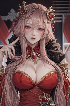 8k, (absurdres, highres, ultra detailed), (1lady:1.3), real,princess, crown, atmospheric scene, masterpiece, best quality, (detailed face, detail skin texture, ultra-detailed body), (cinematic light:1.1), long hair, red lips, red eyes, looking at viewer, grey hair, upper body, smile, long black dress, aqua blue hair, Big boobs1:3, curvy, sexy, large_breast,glitter,shiny,fashion_girl