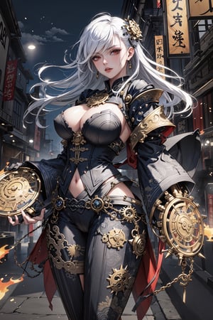 8k, (absurdres, highres, ultra detailed), (1lady), Big boobs:1.2, curvy, sexy, close-up, kawaii, Brilliant light, cinematic lighting, long wavy white hair, nijilorawolf, detailed fingers, Compose an image of 'Tech-Artist,' the 'TensorArt' mascot, in a striking steampunk aesthetic. Show Tech-Artist, a futuristic humanoid artist, with a slim, stylized figure wearing a steampunk-inspired suit. Gears and cogwheel motifs adorn the metallic body. The LED lights embedded in the suit emit a warm golden glow. Tech-Artist's hair is a cascade of fiery orange lights, enhancing its creative energy. Its hands are a fusion of human and mechanical, morphing into various artistic tools like brushes and chisels. The eyes are two digital screens displaying a blend of determination and inspiration. Tech-Artist wields a floating steampunk-themed graphics tablet, surrounded by swirling gears and rivets. The background showcases a mix of intricate clockwork patterns, vintage industrial machinery, and subtle bursts of vibrant colors. Let this image manifest the harmonious union of artistry, technology.,psychedelic,High detailed ,A Traditional Japanese Art